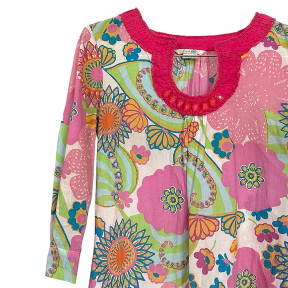 Boden Floral Beaded Neck 3/4 Sleeve Tunic Top Pink Green White Size 6 - Picture 3 of 12